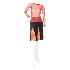 Vintage Maille Femme Multicolored Jungle Print Long Sleeve Mesh Top and Knit Godet Skirt Two-Piece Set