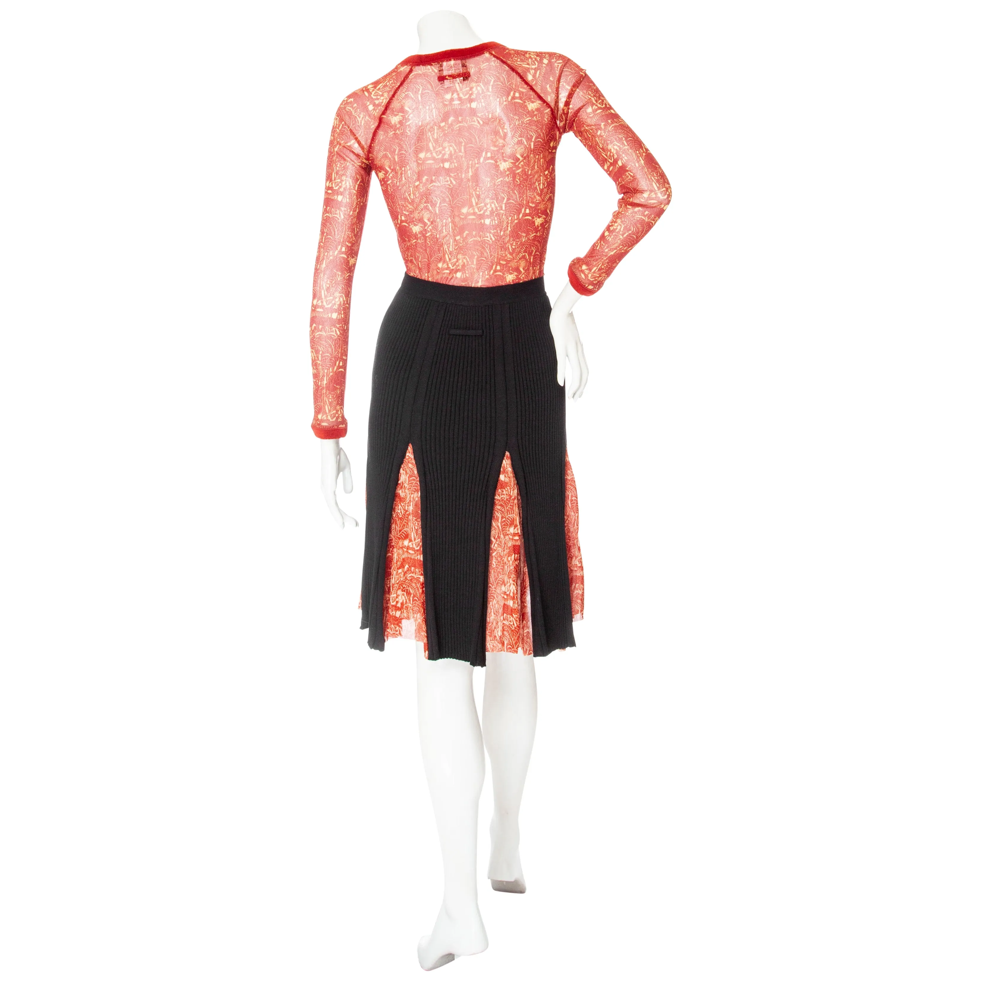 Vintage Maille Femme Multicolored Jungle Print Long Sleeve Mesh Top and Knit Godet Skirt Two-Piece Set