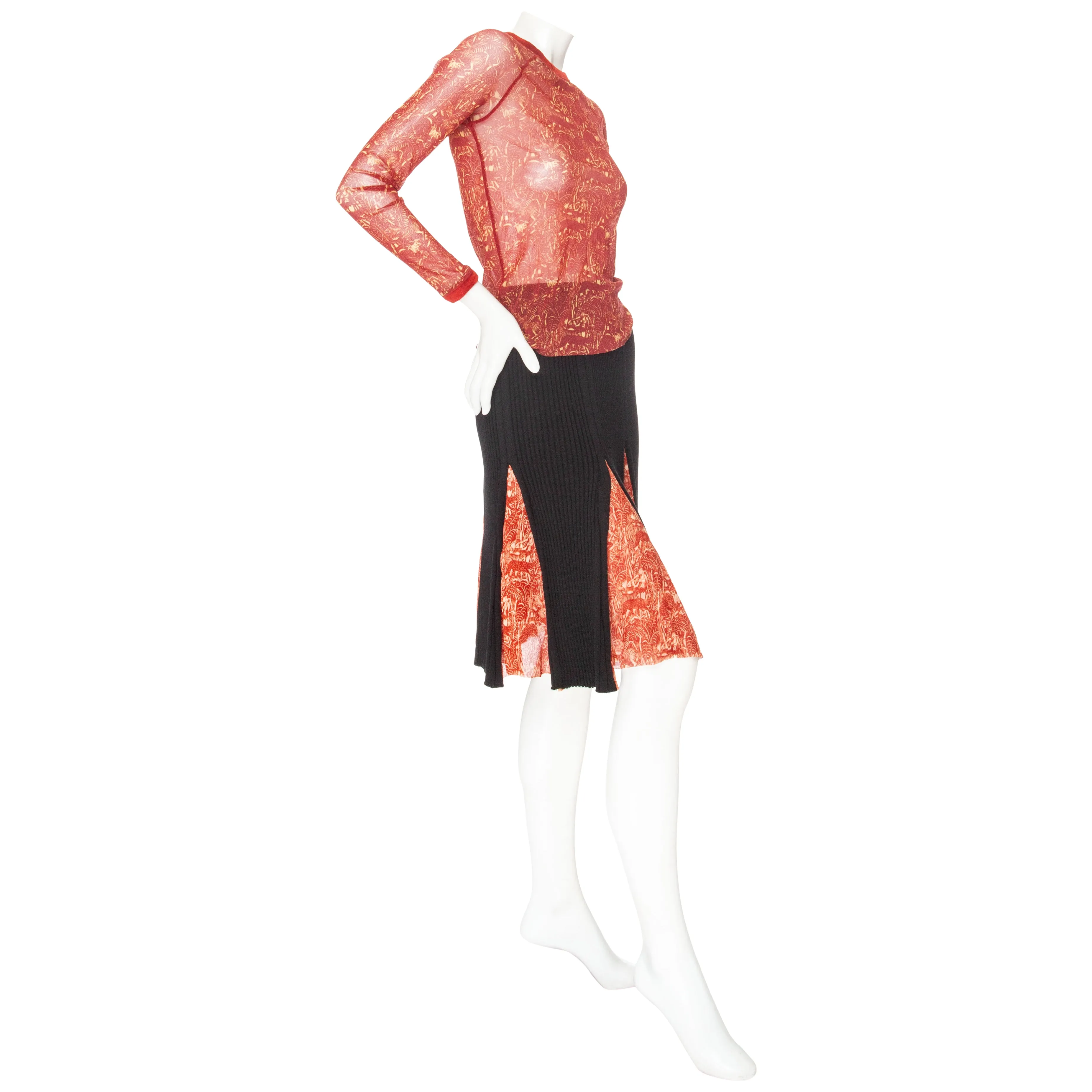 Vintage Maille Femme Multicolored Jungle Print Long Sleeve Mesh Top and Knit Godet Skirt Two-Piece Set
