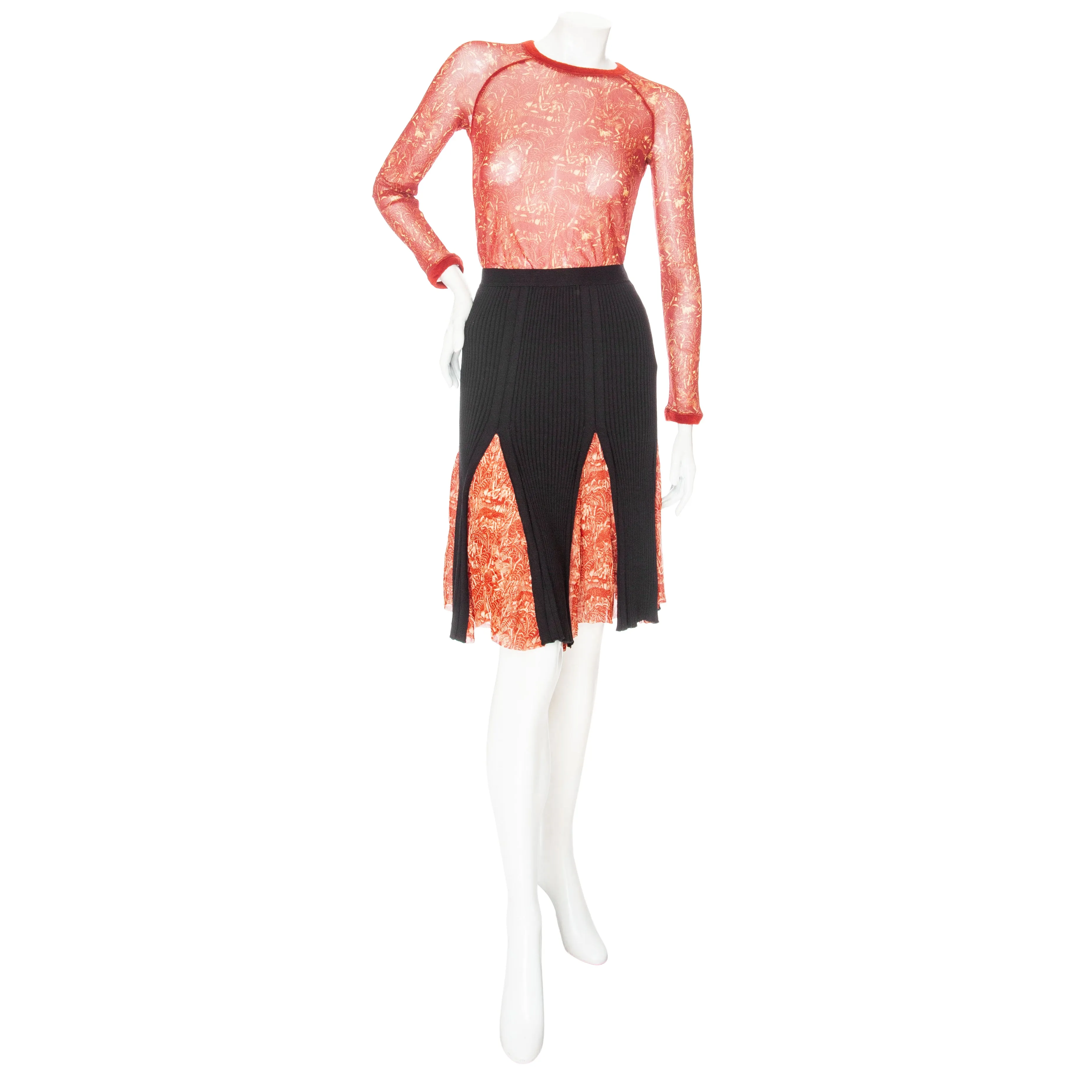 Vintage Maille Femme Multicolored Jungle Print Long Sleeve Mesh Top and Knit Godet Skirt Two-Piece Set