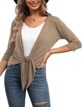VOIANLIMO Women's Tie Front Casual 3/4 Sleeve Cropped Bolero Lightweight Sheer Shrug Cardigans S-XL