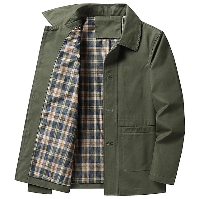 Wiaofellas Men's Chore Jacket Daily Wear Workfashion Windproof Button Pocket Spring Fall Plain Stylish Business Shirt Collar Regular Black khaki Army Green Jacket
