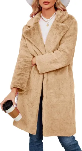Women's Faux Fur Coat Fuzzy Warm Winter Long Fur Jackets Cardigan Outerwear with Pockets Overcoat (Khaki-M)