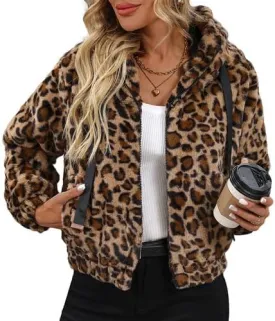 Women's Faux Fur Crop Coat Full Zip Fleece Sherpa Jacket with Hood