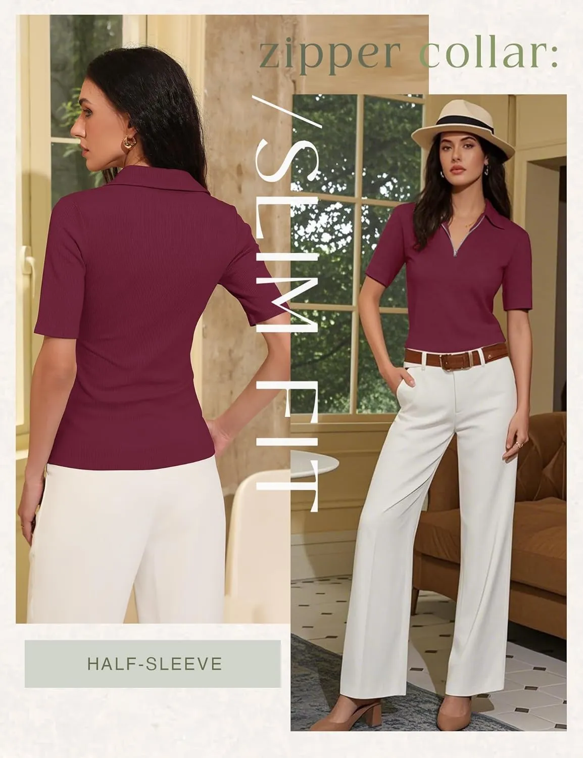 Women's Half Sleeve Top 2025 Summer Elegant V Neck Zipper Collared Work Shirts Slim Fitted Dressy Blouses