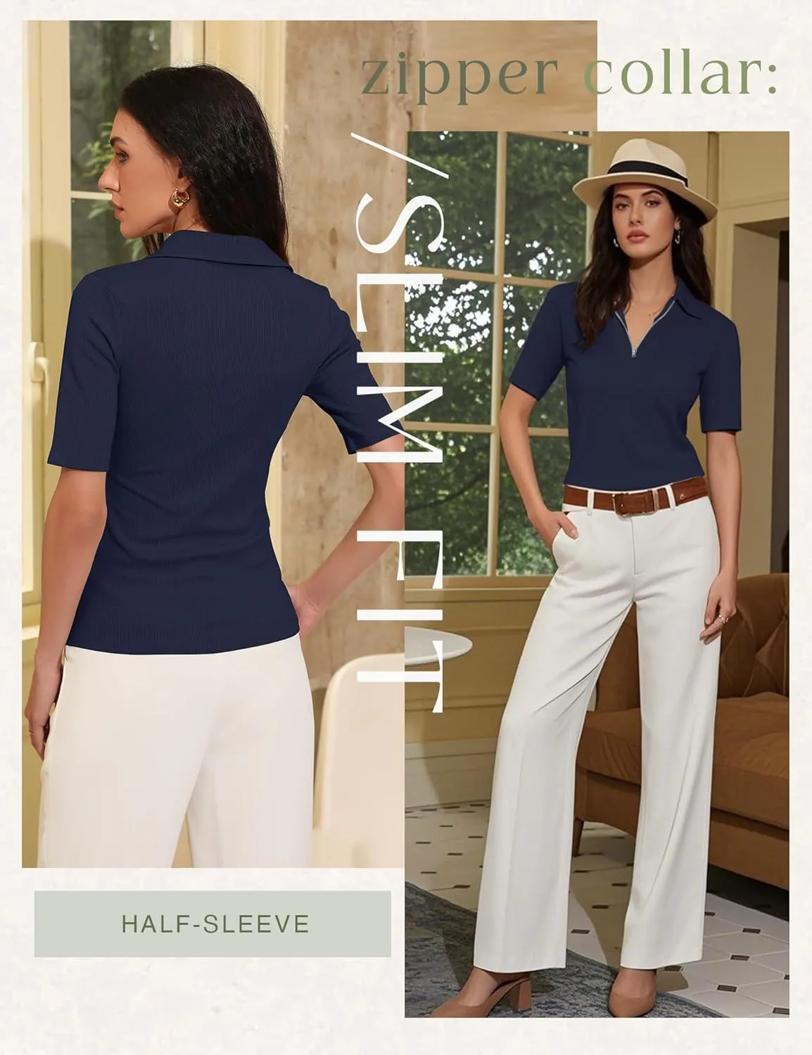 Women's Half Sleeve Top 2025 Summer Elegant V Neck Zipper Collared Work Shirts Slim Fitted Dressy Blouses
