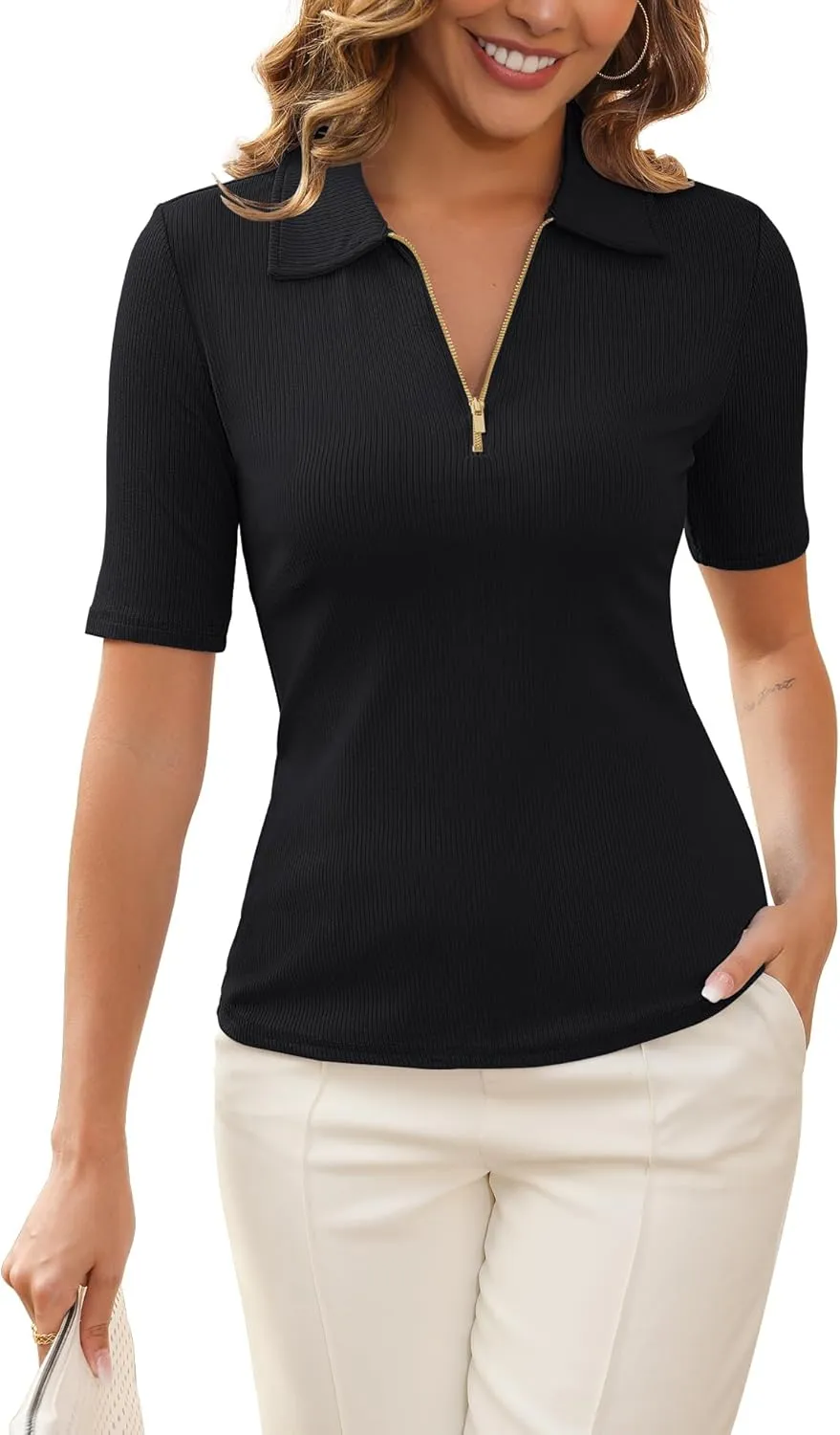 Women's Half Sleeve Top 2025 Summer Elegant V Neck Zipper Collared Work Shirts Slim Fitted Dressy Blouses
