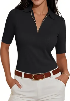 Women's Half Sleeve Top 2025 Summer Elegant V Neck Zipper Collared Work Shirts Slim Fitted Dressy Blouses
