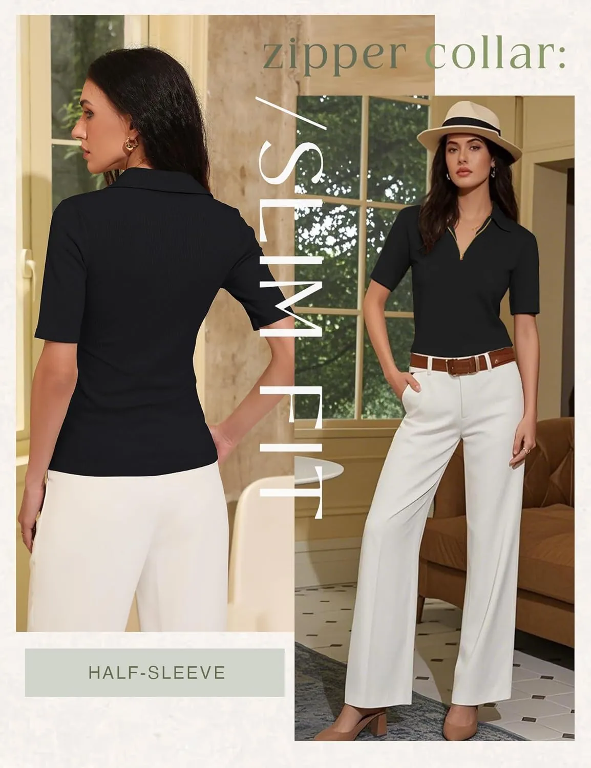 Women's Half Sleeve Top 2025 Summer Elegant V Neck Zipper Collared Work Shirts Slim Fitted Dressy Blouses