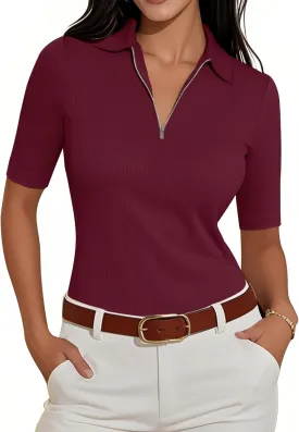 Women's Half Sleeve Top 2025 Summer Elegant V Neck Zipper Collared Work Shirts Slim Fitted Dressy Blouses