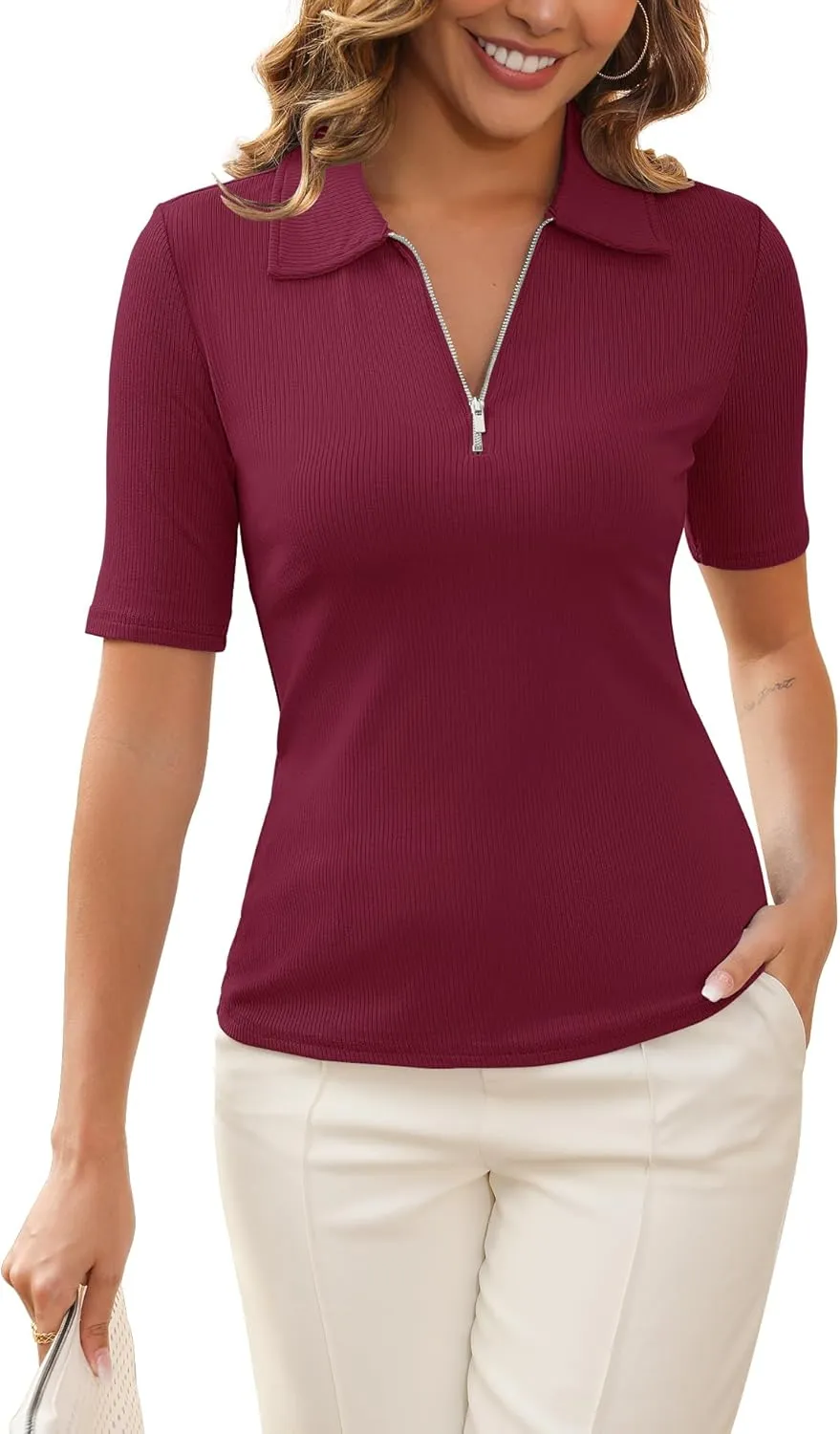 Women's Half Sleeve Top 2025 Summer Elegant V Neck Zipper Collared Work Shirts Slim Fitted Dressy Blouses