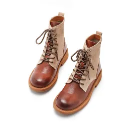 Women's Handmade Leather Short Boots Lace Up Combat Boots in Brown/Brown Short Plush