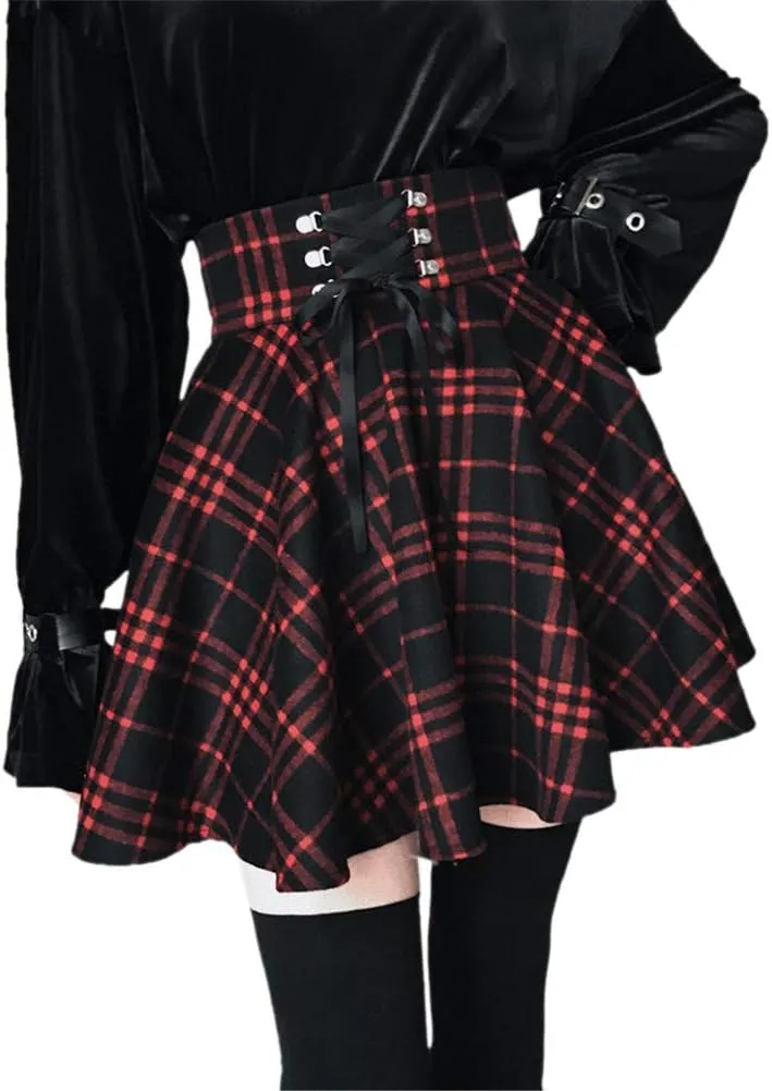 Women's Plaid A-line Skirt Goth High Waist Pleated Flare Short Mini Skater School Skirt