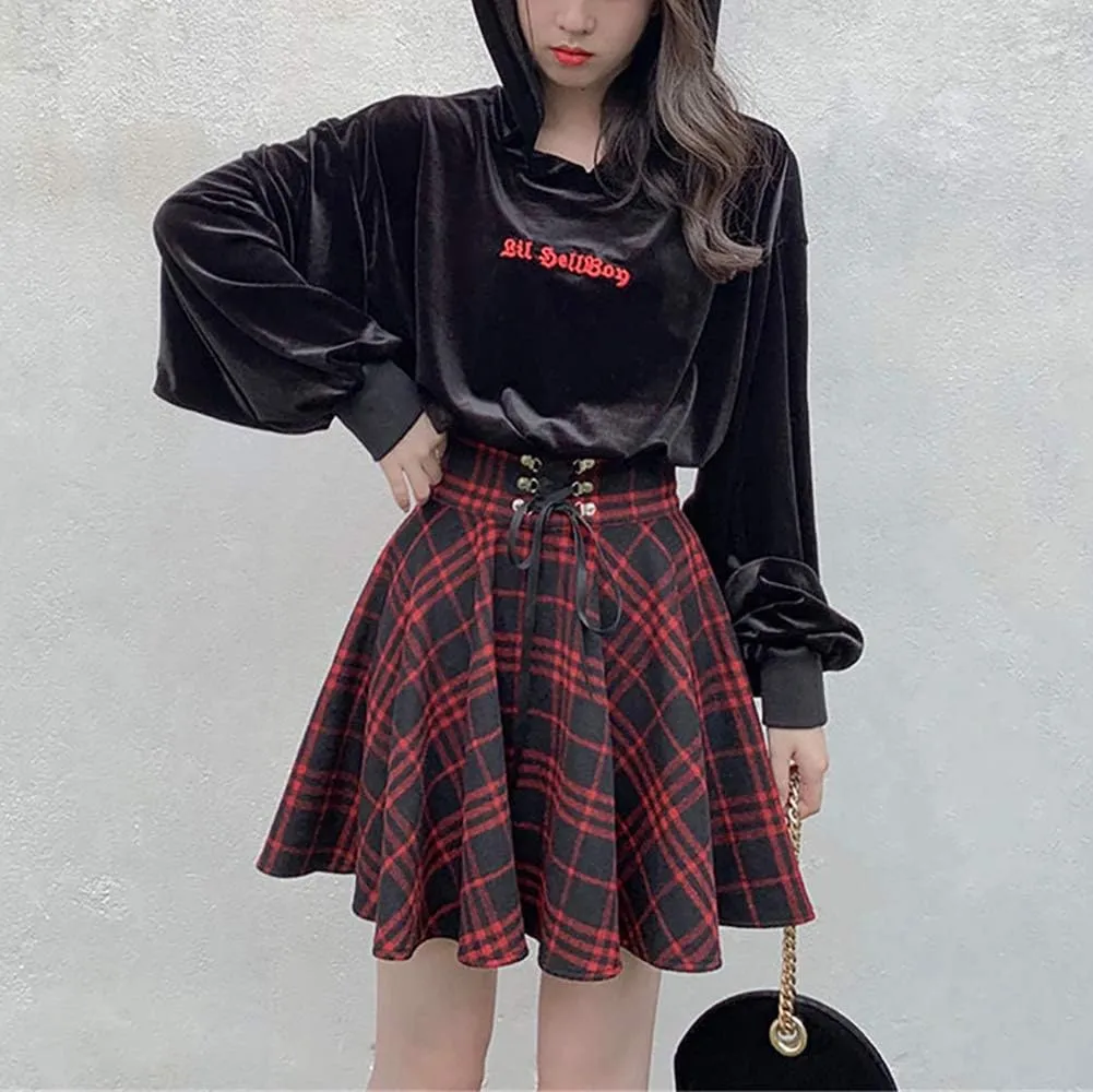 Women's Plaid A-line Skirt Goth High Waist Pleated Flare Short Mini Skater School Skirt