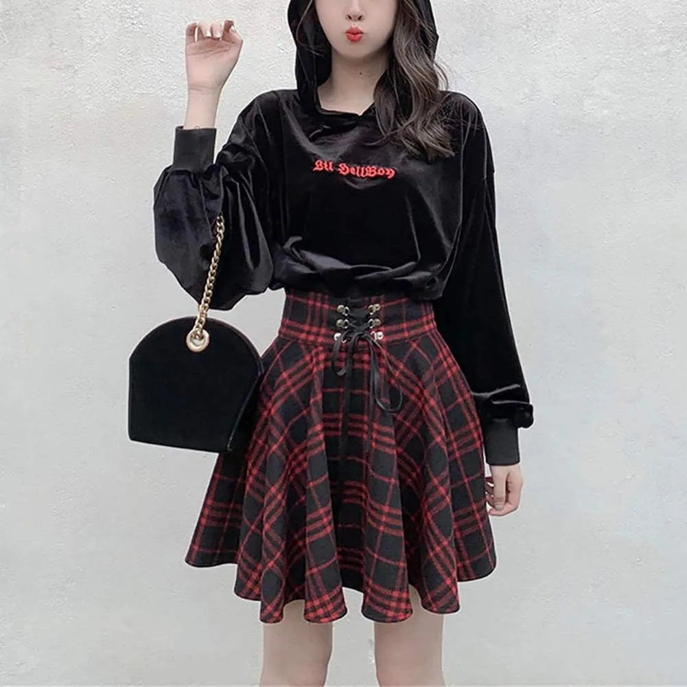 Women's Plaid A-line Skirt Goth High Waist Pleated Flare Short Mini Skater School Skirt