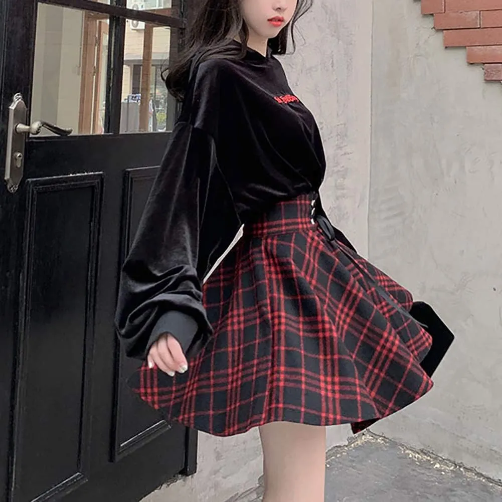 Women's Plaid A-line Skirt Goth High Waist Pleated Flare Short Mini Skater School Skirt