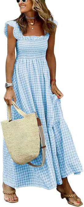 Women's Sleeveless Strap Retro Plaid A-Line Smocked Maxi Long Dress with Ruffled Hem