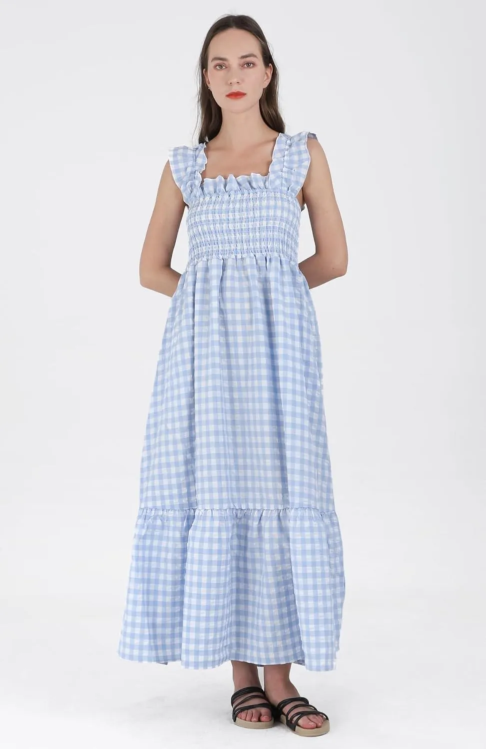 Women's Sleeveless Strap Retro Plaid A-Line Smocked Maxi Long Dress with Ruffled Hem