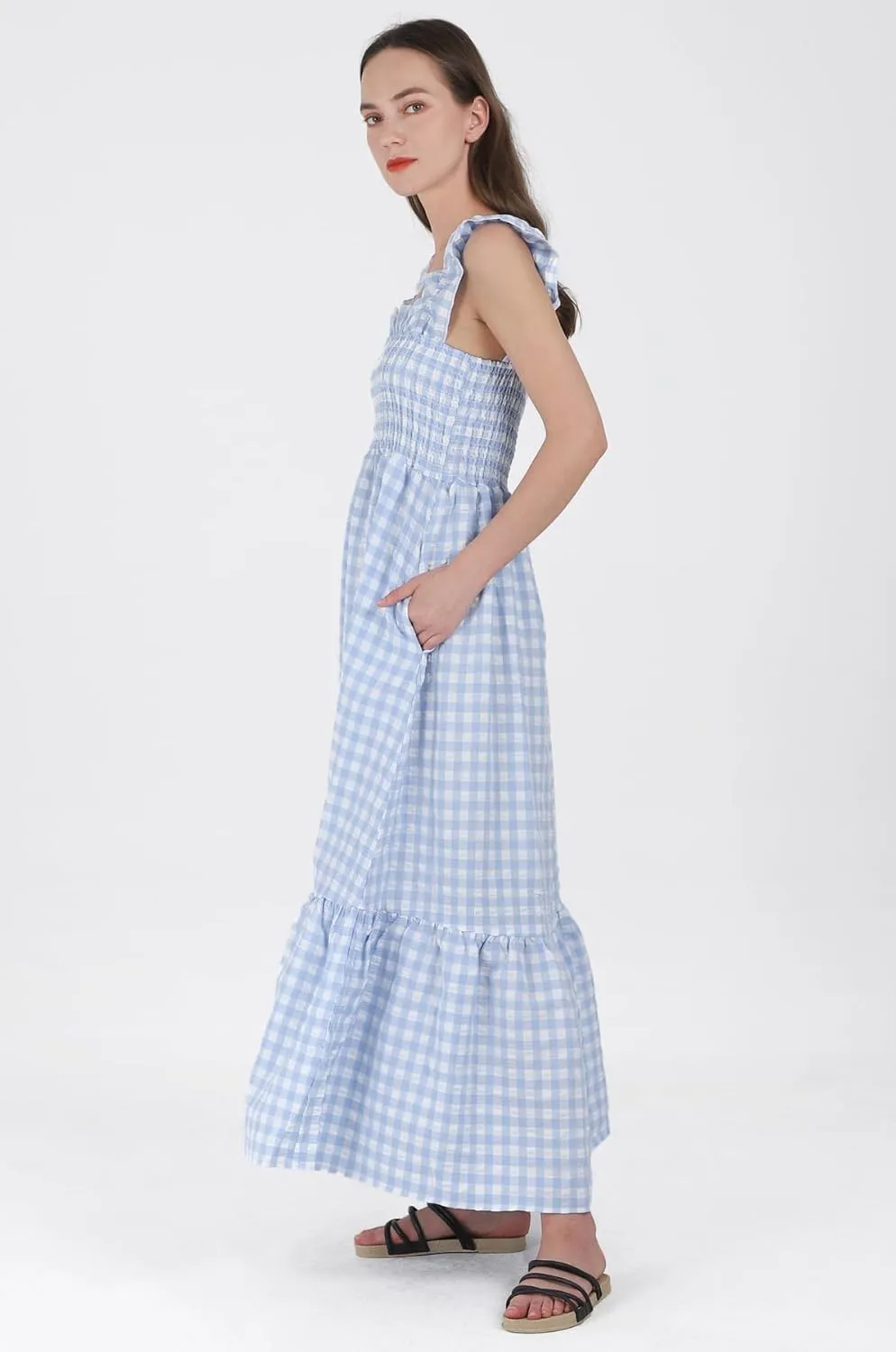 Women's Sleeveless Strap Retro Plaid A-Line Smocked Maxi Long Dress with Ruffled Hem