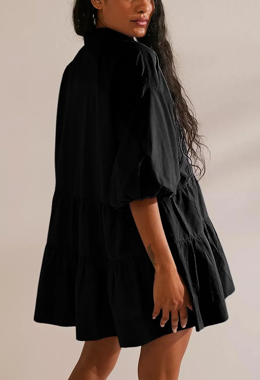 Women's Summer Puff Sleeve Tiered Babydoll Dress Cute Button Down Mini Shirt Dress Sundress