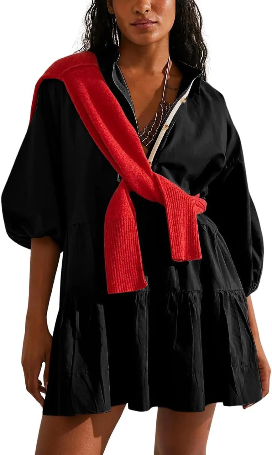 Women's Summer Puff Sleeve Tiered Babydoll Dress Cute Button Down Mini Shirt Dress Sundress