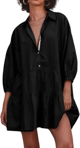 Women's Summer Puff Sleeve Tiered Babydoll Dress Cute Button Down Mini Shirt Dress Sundress