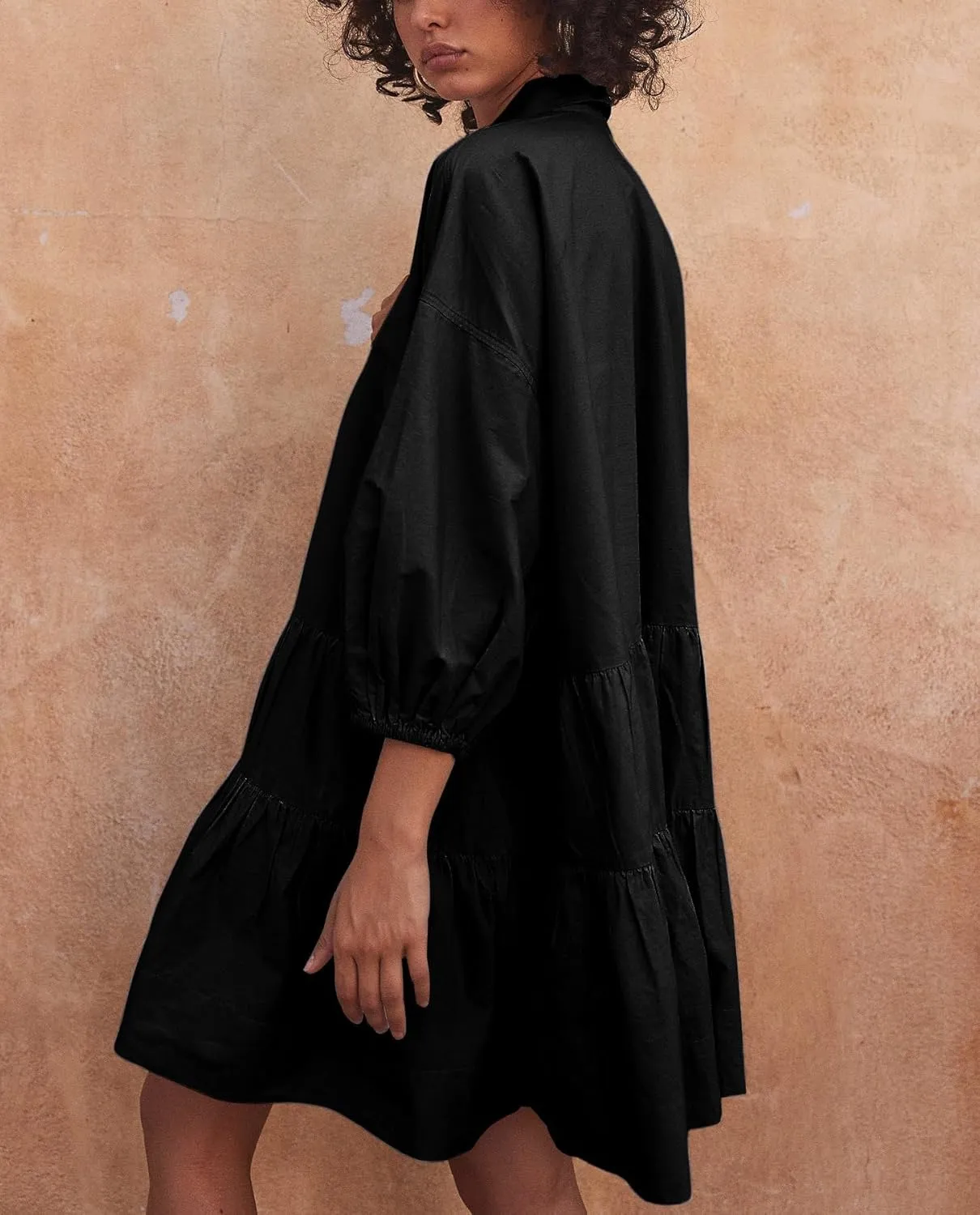Women's Summer Puff Sleeve Tiered Babydoll Dress Cute Button Down Mini Shirt Dress Sundress