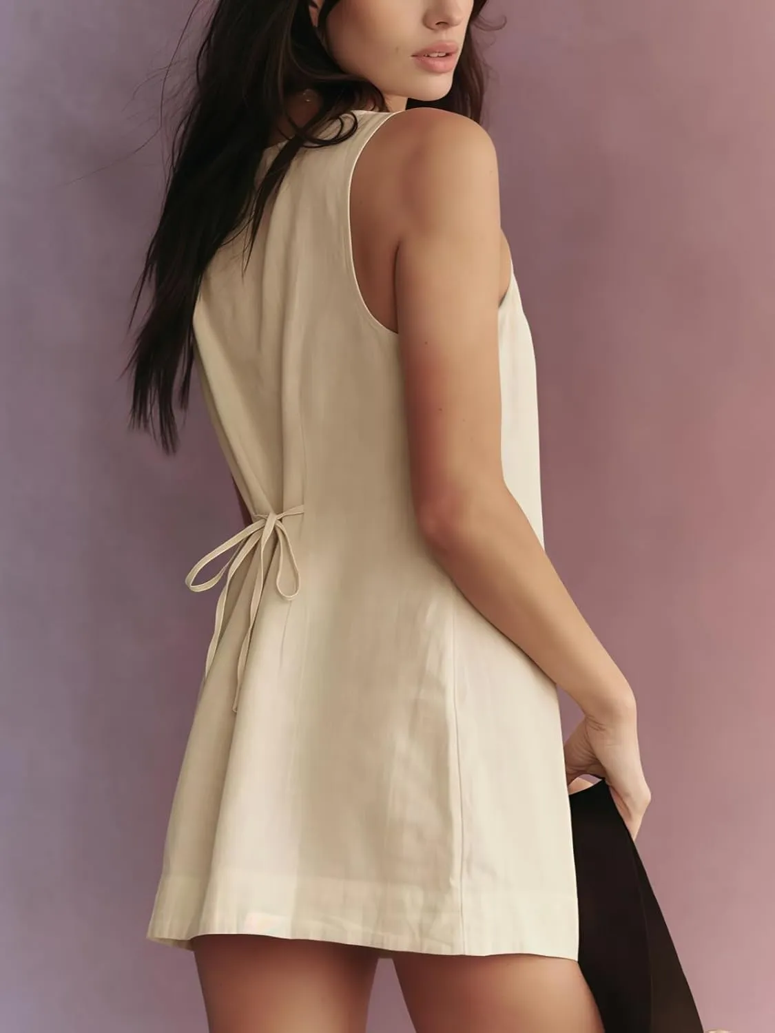 Womens Summer Sleeveless Cotton Linen Mini Dress Casual Square Neck Back Tie Button Down Solid Tank Dresses