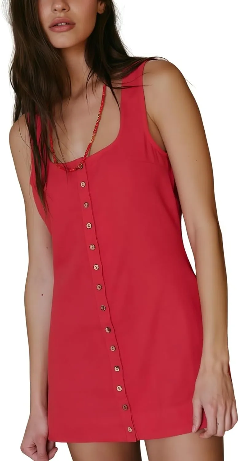Womens Summer Sleeveless Cotton Linen Mini Dress Casual Square Neck Back Tie Button Down Solid Tank Dresses