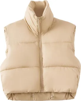 Women's Winter Warm Padded Crop Vest Lightweight Sleeveless Puffer Vest Outerwear Gilet Khaki XL