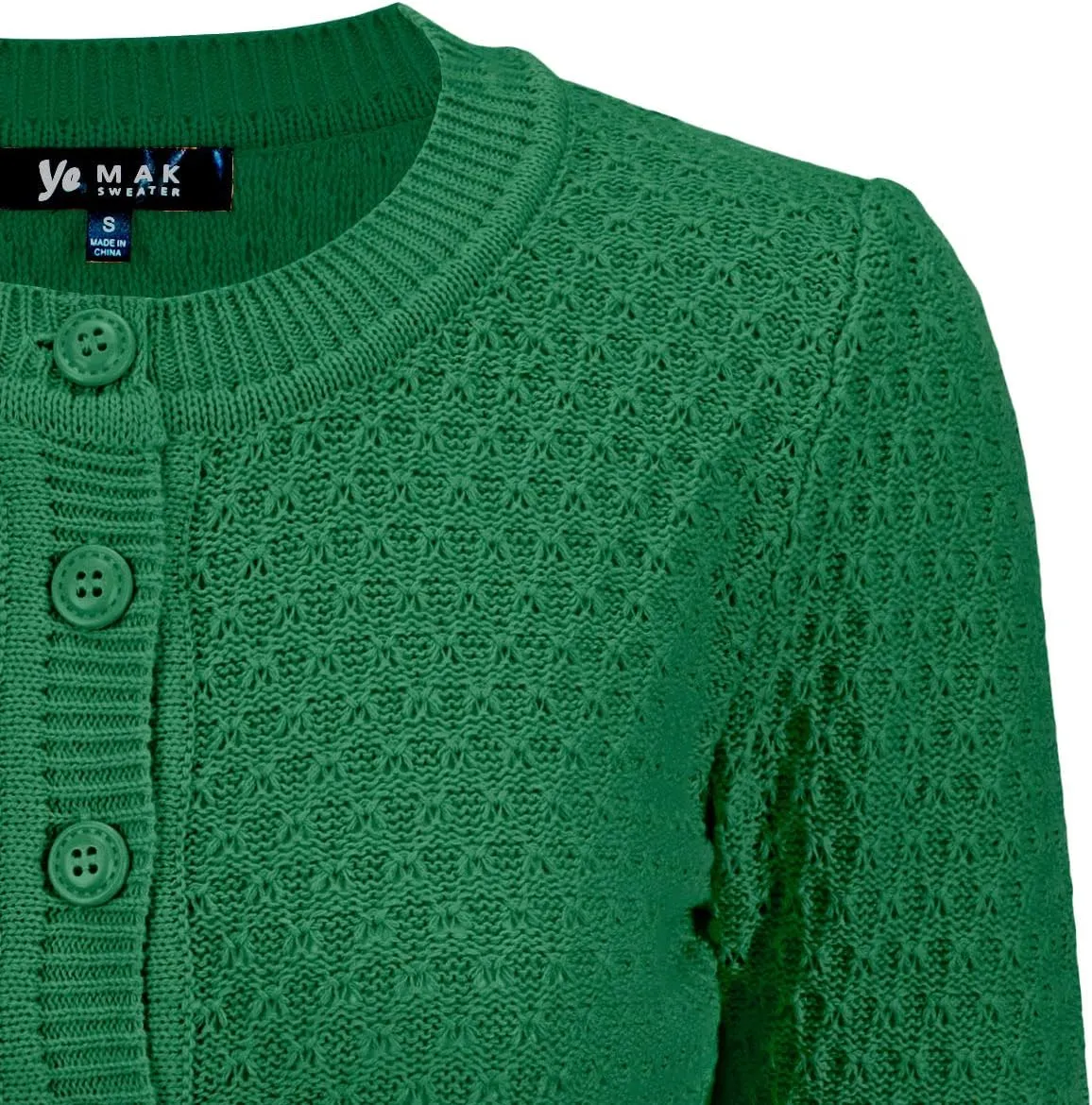 YEMAK Women's Cropped Cardigan Sweater  3/4 Sleeve Crewneck Basic Classic Casual Button Down Soft Crochet Knit Top (S-3XL)