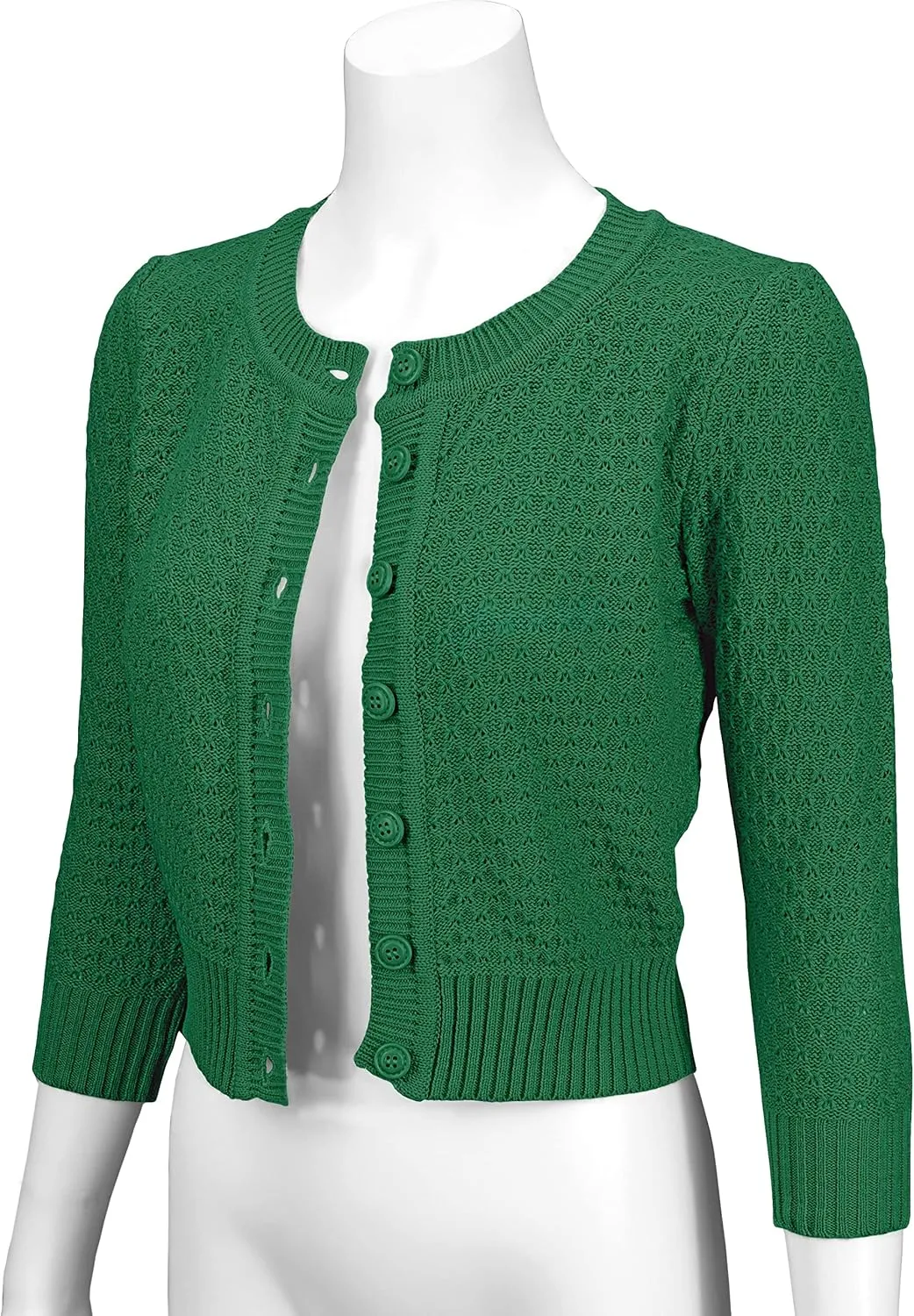 YEMAK Women's Cropped Cardigan Sweater  3/4 Sleeve Crewneck Basic Classic Casual Button Down Soft Crochet Knit Top (S-3XL)