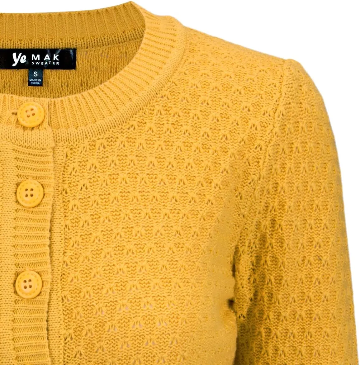 YEMAK Women's Cropped Cardigan Sweater  3/4 Sleeve Crewneck Basic Classic Casual Button Down Soft Crochet Knit Top (S-3XL)
