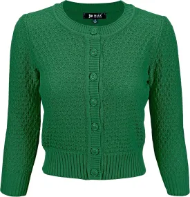 YEMAK Women's Cropped Cardigan Sweater  3/4 Sleeve Crewneck Basic Classic Casual Button Down Soft Crochet Knit Top (S-3XL)