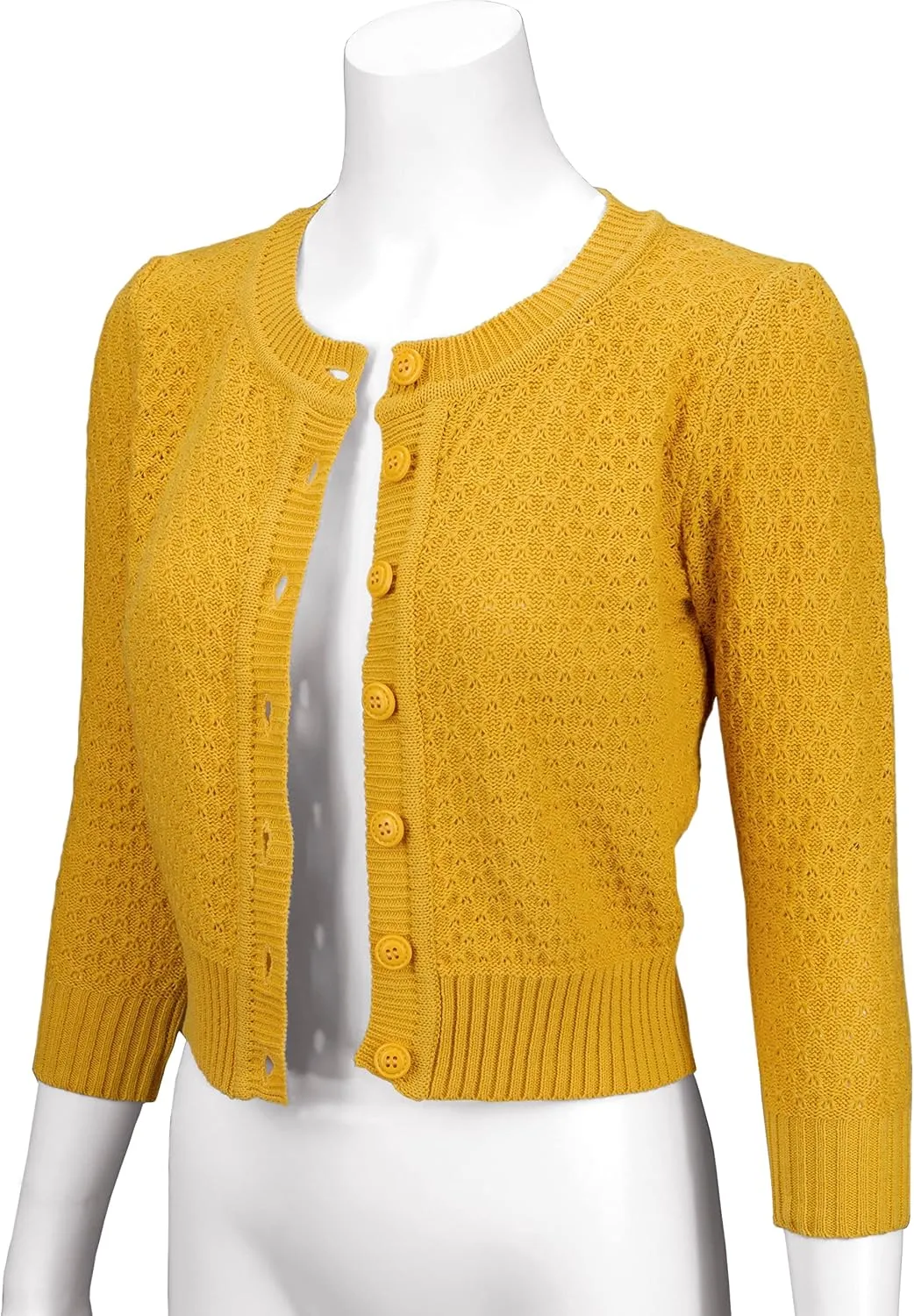 YEMAK Women's Cropped Cardigan Sweater  3/4 Sleeve Crewneck Basic Classic Casual Button Down Soft Crochet Knit Top (S-3XL)