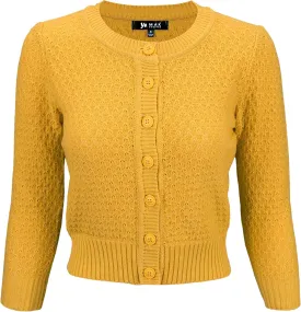 YEMAK Women's Cropped Cardigan Sweater  3/4 Sleeve Crewneck Basic Classic Casual Button Down Soft Crochet Knit Top (S-3XL)