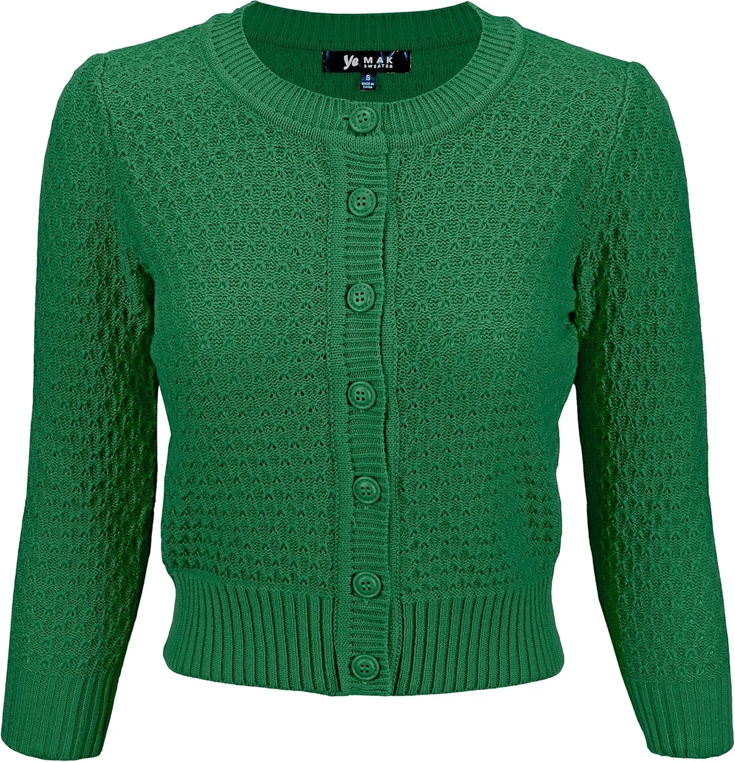 YEMAK Women's Cropped Cardigan Sweater  3/4 Sleeve Crewneck Basic Classic Casual Button Down Soft Crochet Knit Top (S-3XL)