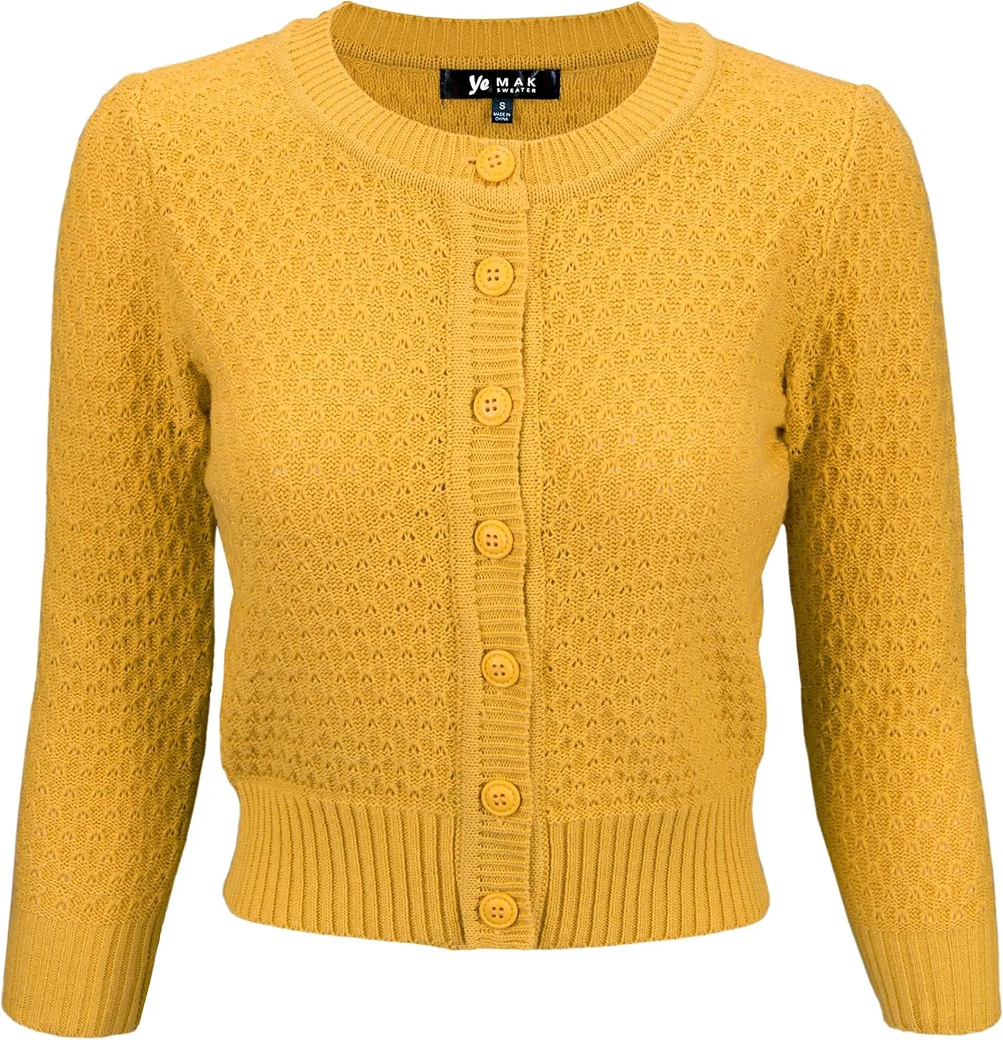 YEMAK Women's Cropped Cardigan Sweater  3/4 Sleeve Crewneck Basic Classic Casual Button Down Soft Crochet Knit Top (S-3XL)