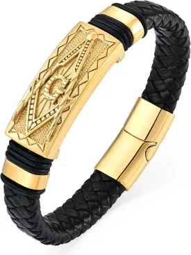YL Skull Cross Masonic Christian Military Hero Mens Bracelet, Religious Handcrafted Black Braided Leather Cuff Stainless Steel Bangle Punk Wristband Jewelry for Men Women