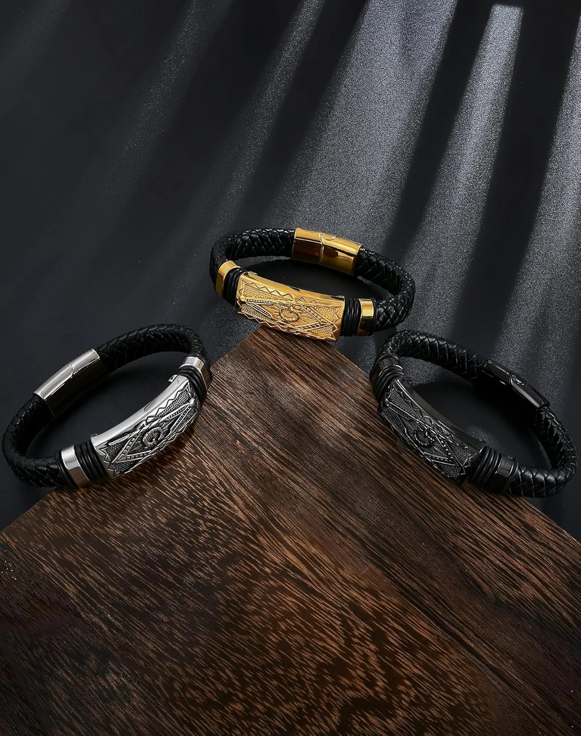 YL Skull Cross Masonic Christian Military Hero Mens Bracelet, Religious Handcrafted Black Braided Leather Cuff Stainless Steel Bangle Punk Wristband Jewelry for Men Women