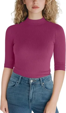 Zengjo Short Sleeve Turtleneck Women Ribbed Shirt Mock Neck Fitted Tee Top