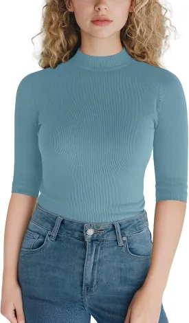Zengjo Short Sleeve Turtleneck Women Ribbed Shirt Mock Neck Fitted Tee Top