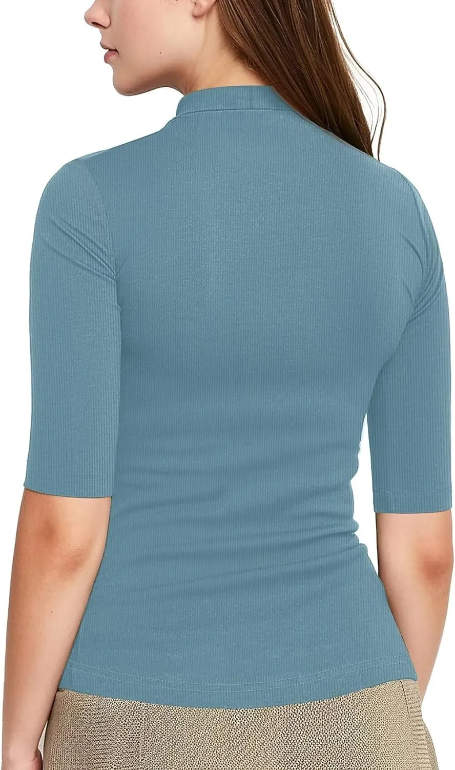Zengjo Short Sleeve Turtleneck Women Ribbed Shirt Mock Neck Fitted Tee Top