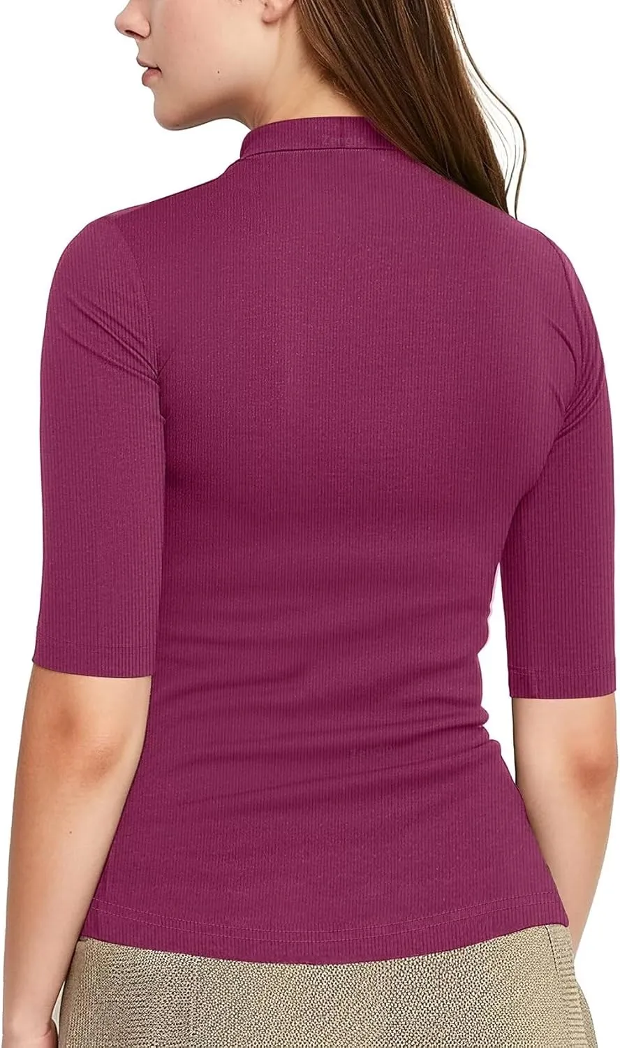 Zengjo Short Sleeve Turtleneck Women Ribbed Shirt Mock Neck Fitted Tee Top