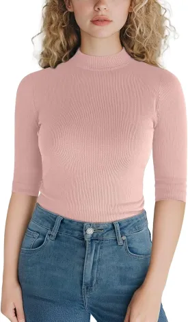 Zengjo Short Sleeve Turtleneck Women Ribbed Shirt Mock Neck Fitted Tee Top