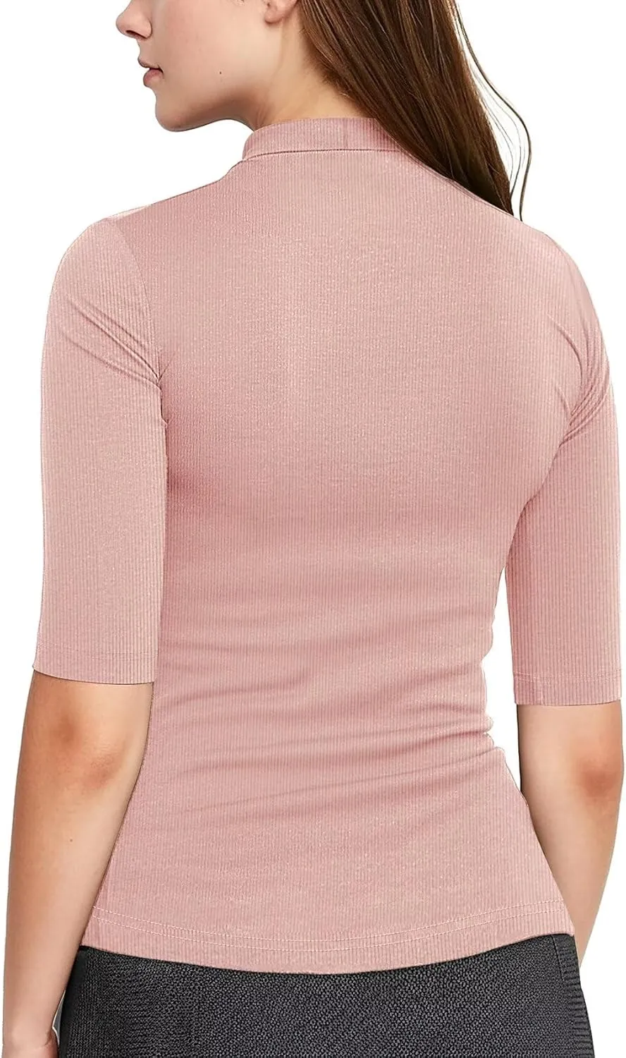 Zengjo Short Sleeve Turtleneck Women Ribbed Shirt Mock Neck Fitted Tee Top
